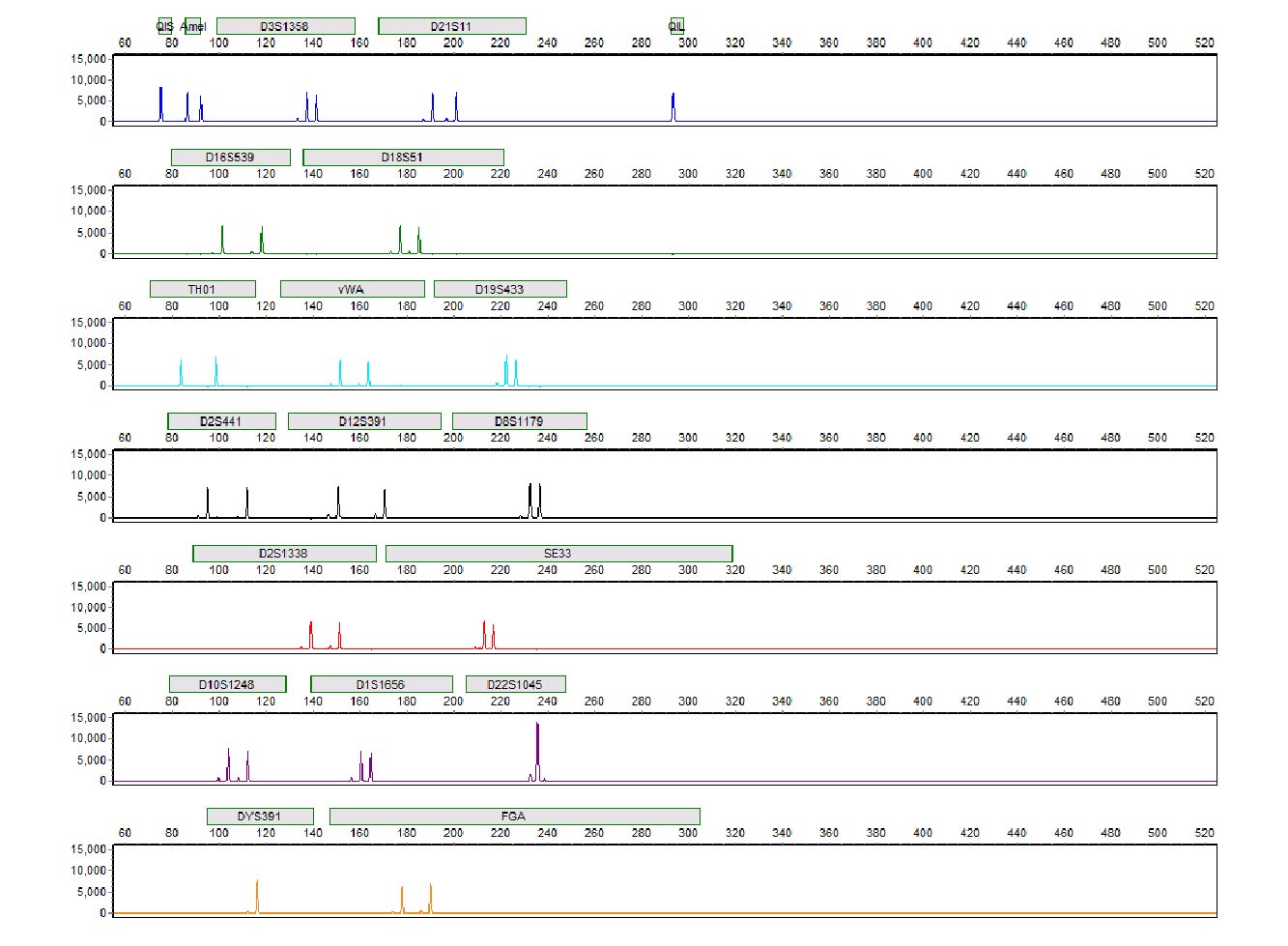PowerPlex® 18E profile of 0.5ng 2800M Control DNA amplified for 30 cycles in 25μl reactions; electrophoresis performed on the Spectrum CE System.